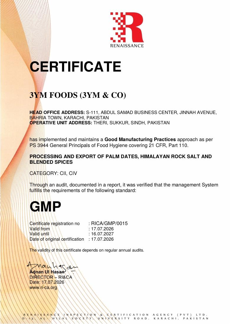 GMP Certificate — 3YM Foods