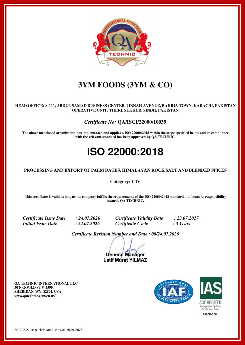 ISO 22000:2018 Certificate — 3YM Foods