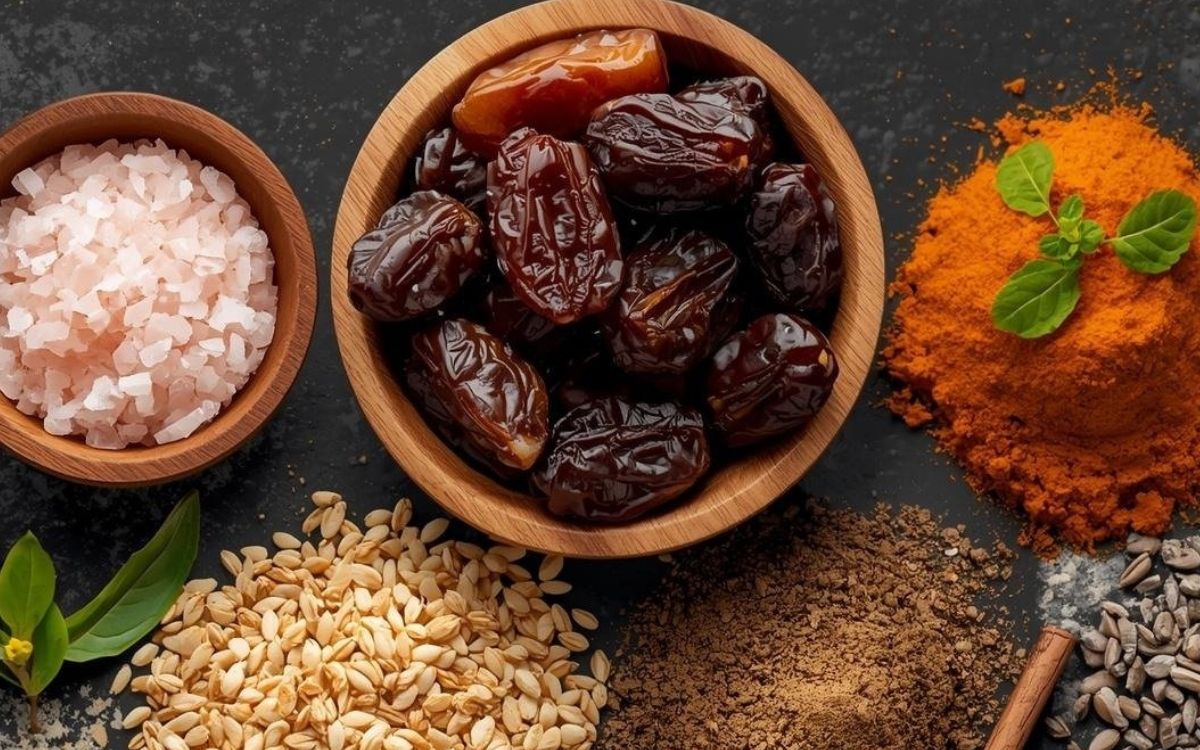 3YM Foods dates, Himalayan pink salt, and spices